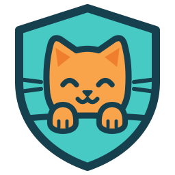 ihasvpn: an orange cat peeking over the edge of a teal shield