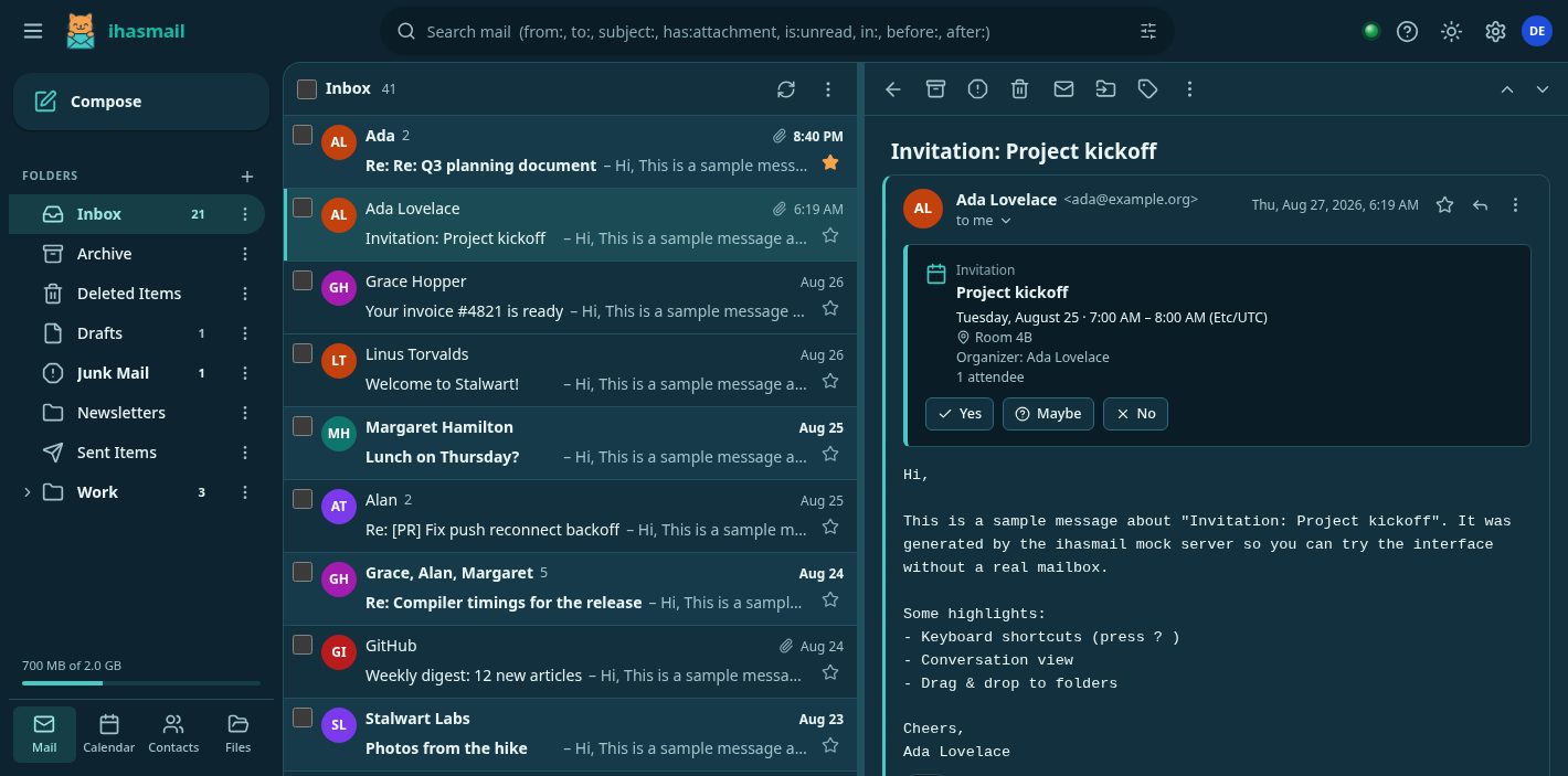 Inbox, dark theme